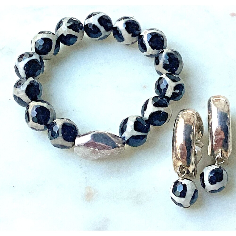 Sterling Giraffe Agate Earrings Stretch Bracelet 925 Silver Black White Stones